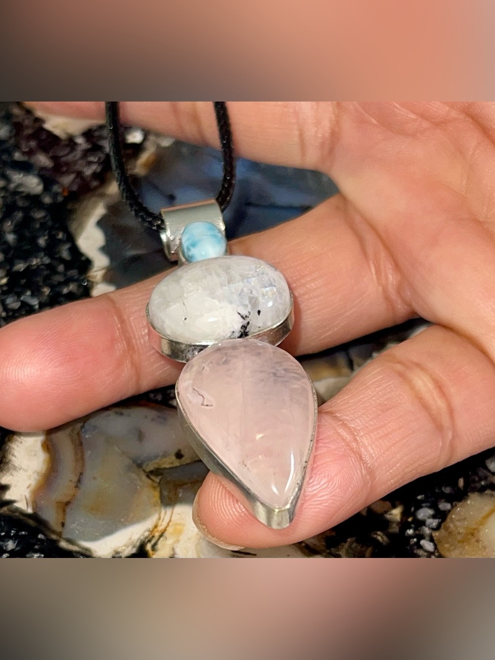 Petite Larimar, Rainbow Moonstone & Rose Quartz Crystal Pendant 2 1/2” - Picture 8 of 17